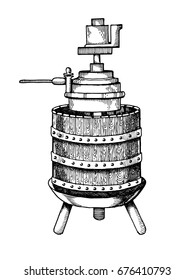 Mechanical wine press vector illustration. Scratch board style imitation. Hand drawn image.