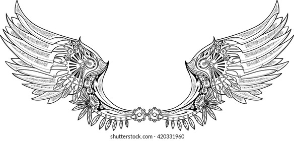 Mechanical wings made in steampunk style. Black and white.