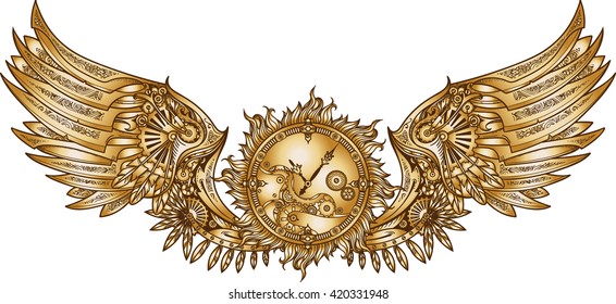 Mechanical wings in steampunk style with clockwork. Gold and black color.