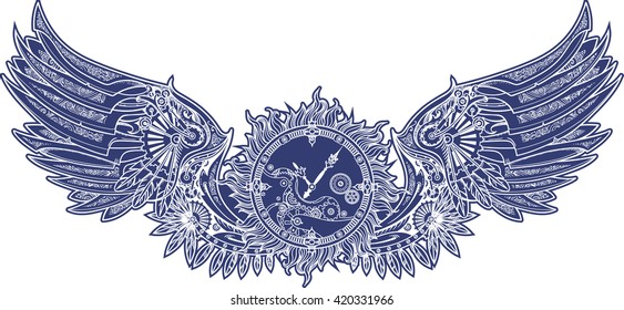 Mechanical wings in steampunk style with clockwork. Blue and white color.