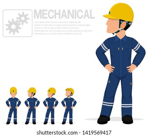 Mechanical worker in mechanic jumpsuit are posing akimbo on transparent background.
