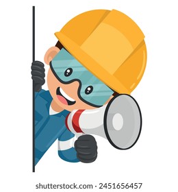 Mechanical worker peeking out from behind a wall making an announcement with a megaphone. Concept of communication, notification and contact. Industrial safety and occupational health at work