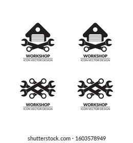 Mechanical workshop logo or icon. with spanner and workshop building or garage, isolated on white background, 
