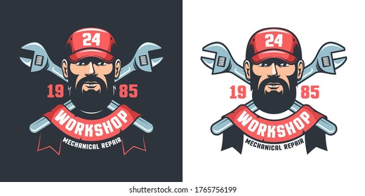 Mechanical workshop retro emblem - worker and adjustable wrench. Repair service vintage logo - handyman in cap and tools. Vector illustration.