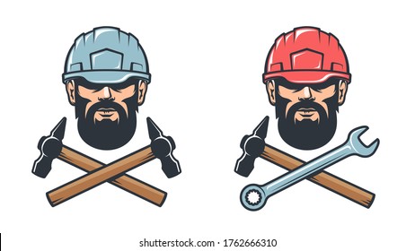 Mechanical workshop service retro logo - bearded man in hard hat with hammer and wrench. Worker in helmet - vintage emblem. Vector illustration.