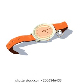 Mechanical wristwatch with a brown strap in retro style on a white background.