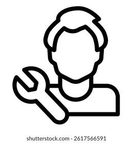 Mechanician guy and wrench line icon, repair service concept. Vector graphics. Master man with tool sign on white background, style mobile or design
