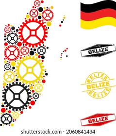 Mechanics Belize map composition and seals. Vector collage is designed of industrial items in various sizes, and Germany flag official colors - red, yellow, black.