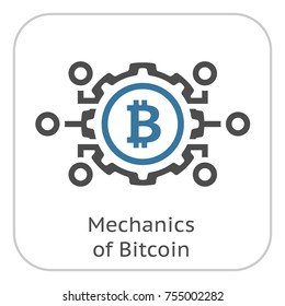 Mechanics of Bitcoin Icon. Modern computer network technology sign. Digital graphic symbol. Bitcoin mining. Concept design elements.