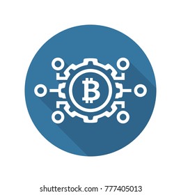 Mechanics of Bitcoin Icon. Modern computer network technology sign. Digital graphic symbol. Bitcoin mining. Concept design elements.