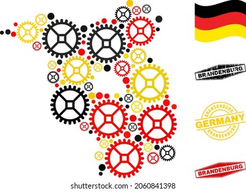 Mechanics Brandenburg Land map collage and seals. Vector collage is composed from service elements in different sizes, and German flag official colors - red, yellow, black.