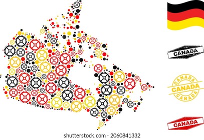Mechanics Canada map collage and seals. Vector collage is composed of mechanics elements in variable sizes, and German flag official colors - red, yellow, black.