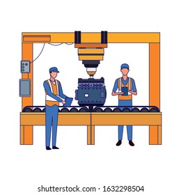 mechanics with car engine on machine over white background, vector illustration
