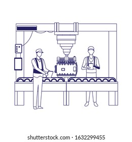 mechanics with car engine on machine over white background, flat design, vector illustration