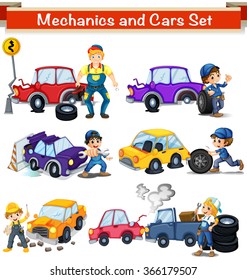 Mechanics and cars set illustration