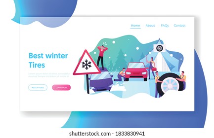 Mechanics Change Tyres For Winter Landing Page Template. Desperate Male Character Stand On Roof Of Car Stuck In Deep Snowdrift, Road Safety, Accident Garage Service. Cartoon People Vector Illustration