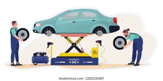 Mechanics changing wheels of the car in the workshop.  Tire change.  Car repair service. Flat vector illustration.