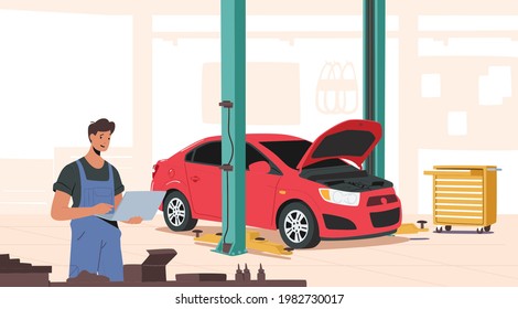 Mechanics Characters Dressed in Blue Overalls Holding Laptop in Garage, Repair Service Staff in Box with Instruments, Auto Checking and Maintenance, Car Fixing or Mending. Cartoon Vector Illustration