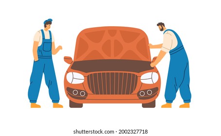 Mechanics checking and repairing auto in car repair service. Workers and automobile with hood up. Repairman in overalls fixing vehicle. Colored flat vector illustration isolated on white background