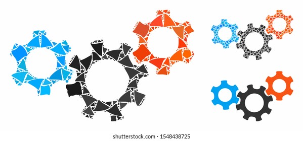 Mechanics composition of ragged pieces in different sizes and color hues, based on mechanics icon. Vector ragged parts are composed into composition. Mechanics icons collage with dotted pattern.