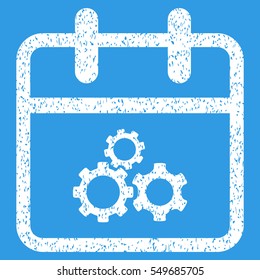 Mechanics Day grainy textured icon for overlay watermark stamps. Flat symbol with scratched texture. Dotted vector white ink rubber seal stamp with grunge design on a blue background.
