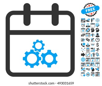 Mechanics Day icon with bonus calendar and time management icon set. Vector illustration style is flat iconic bicolor symbols, blue and gray colors, white background.