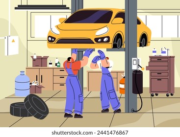 Mechanics do bodywork in workshop station. Repairmen fix breakdowns of motor, change wheels with car lift. Men repair automobile in garage. Maintenance in auto service center. Flat vector illustration