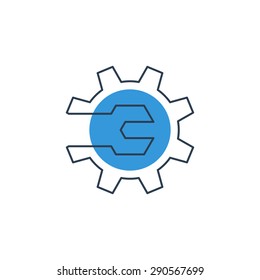 Mechanics engineering logo concept, wrench and gear wheel. Auto service logo. Innovation technology, software development, industrial manufacturing sign, vector linear illustration