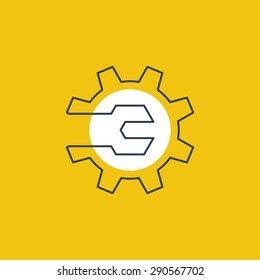 Mechanics engineering logo concept, wrench and gear wheel. Auto service logo. Innovation technology, software development, industrial manufacturing sign, vector linear illustration