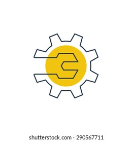 Mechanics engineering logo concept, wrench and gear wheel. Auto service logo. Innovation technology, software development, industrial manufacturing sign, vector linear illustration
