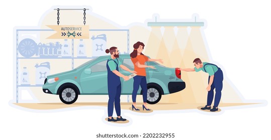 Mechanics examining a car of the client in the workshop.  Diagnostics and maintenance. Tire change.  Car repair service. Flat vector illustration.