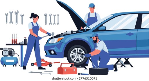 Mechanics fixing car in garage; teamwork for auto repair service.