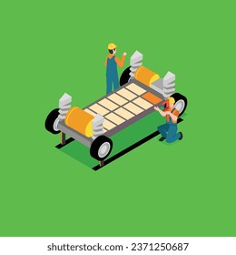 Mechanics fixing EV battery 3d vector concept for banner, website, illustration, landing page, flyer, etc
