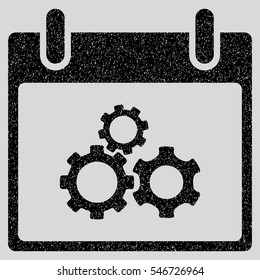 Mechanics Gears Calendar Day grainy textured icon for overlay watermark stamps. Flat symbol with dirty texture. Dotted vector black ink rubber seal stamp with grunge design on a light gray background.