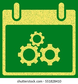 Mechanics Gears Calendar Day grainy textured icon for overlay watermark stamps. Flat symbol with scratched texture. Dotted vector yellow ink rubber seal stamp with grunge design on a green background.