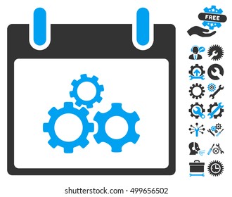Mechanics Gears Calendar Day icon with bonus tools graphic icons. Vector illustration style is flat iconic symbols, blue and gray, white background.