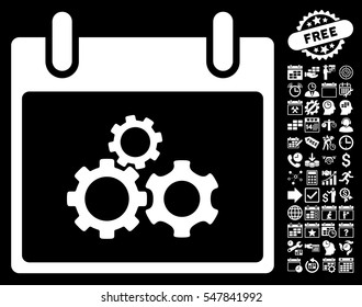 Mechanics Gears Calendar Day icon with bonus calendar and time management pictures. Vector illustration style is flat iconic symbols, white, black background.
