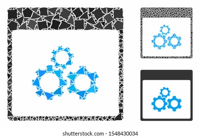 Mechanics gears calendar page composition of humpy pieces in various sizes and color tones, based on mechanics gears calendar page icon. Vector joggly parts are united into composition.