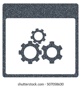 Mechanics Gears Calendar Page grainy textured icon for overlay watermark stamps. Flat symbol with scratched texture.
