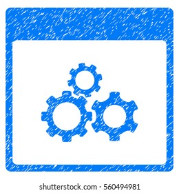 Mechanics Gears Calendar Page grainy textured icon for overlay watermark stamps. Flat symbol with unclean texture. Dotted vector blue ink rubber seal stamp with grunge design on a white background.