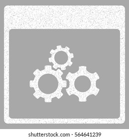 Mechanics Gears Calendar Page grainy textured icon for overlay watermark stamps. Flat symbol with scratched texture.