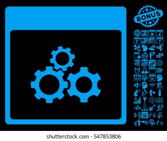 Mechanics Gears Calendar Page icon with bonus calendar and time management graphic icons. Vector illustration style is flat iconic symbols, blue, black background.