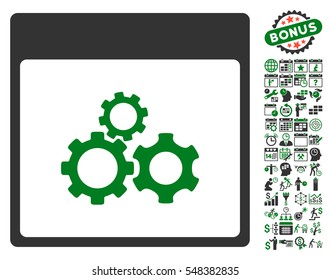 Mechanics Gears Calendar Page icon with bonus calendar and time management symbols. Vector illustration style is flat iconic symbols, green and gray, white background.