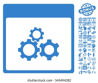 Mechanics Gears Calendar Page pictograph with bonus calendar and time management pictograms. Vector illustration style is flat iconic symbols, cobalt, white background.