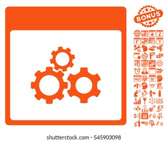 Mechanics Gears Calendar Page pictograph with bonus calendar and time management symbols. Vector illustration style is flat iconic symbols, orange, white background.