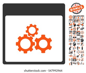 Mechanics Gears Calendar Page pictograph with bonus calendar and time management symbols. Vector illustration style is flat iconic symbols, orange and gray, white background.