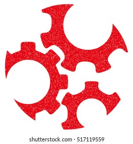 Mechanics Gears grainy textured icon for overlay watermark stamps. Flat symbol with dust texture. Dotted vector red ink rubber seal stamp with grunge design on a white background.