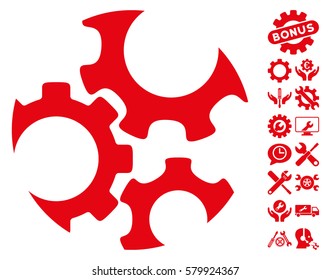 Mechanics Gears icon with bonus setup tools icon set. Vector illustration style is flat iconic red symbols on white background.