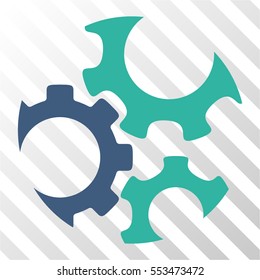 Mechanics Gears vector icon. Illustration style is flat iconic bicolor cobalt and cyan symbol on a hatch transparent background.