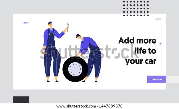 Mechanics Holding Car Wheel, Wrench and\
Screwdriver, Repair Service Staff with Instruments, Auto Checking\
and Car Maintenance Website Landing Page, Web Page. Cartoon Flat\
Vector Illustration,\
Banner